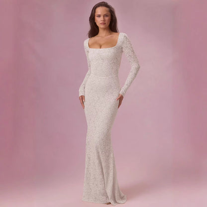 Damen Maxikleid Spitze Tailliert Langarm Eveloria