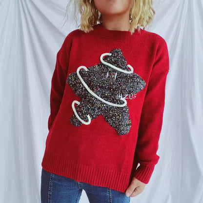 Damen Strickpullover Glitzerndes Sternenmotiv Locker