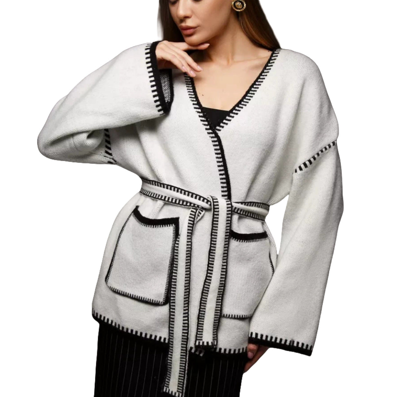 Damen Wickelpullover mit Taschen und Gürtel Elegantes Design Eveloria