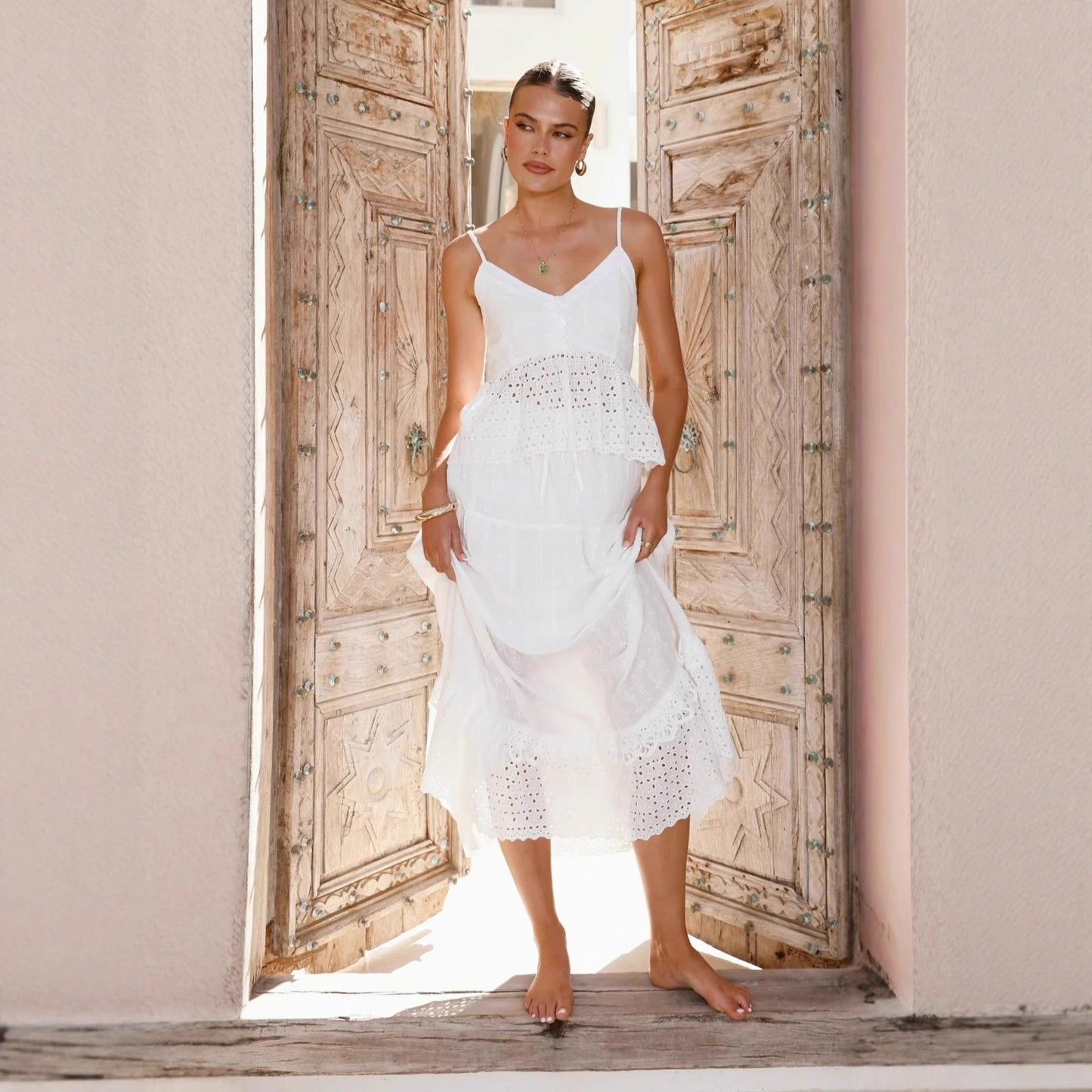 Damen Maxikleid Spitze Rüschenbesatz Eveloria