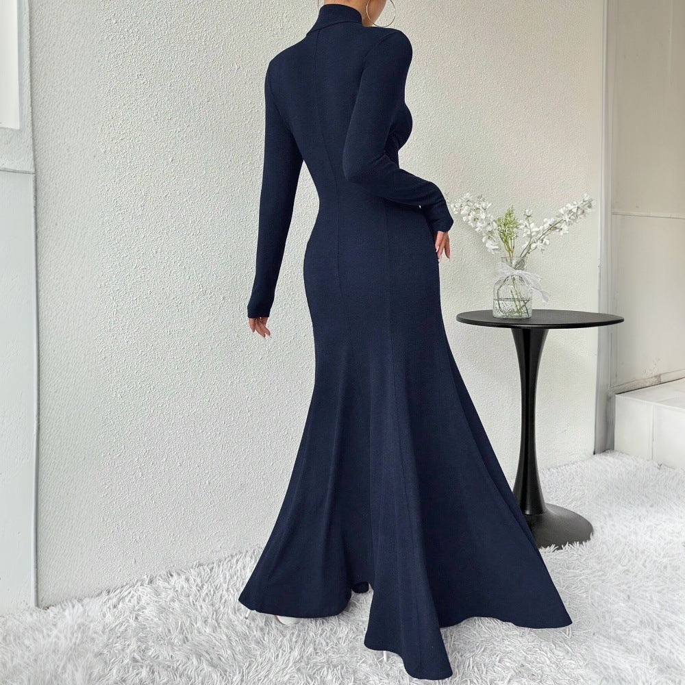 Damen Maxi-Kleid Langarm Hohler Kragen Schwingender Saum Eveloria