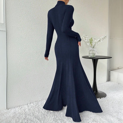 Damen Maxi-Kleid Langarm Hohler Kragen Schwingender Saum Eveloria