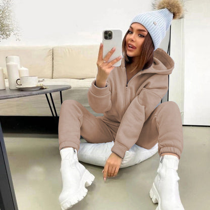 Damen Fleece-Jumpsuit mit Kapuze und Reißverschluss Eveloria