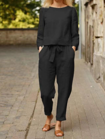 Damen Leinen-Set Zweiteilig mit Oberteil und Hose Beige