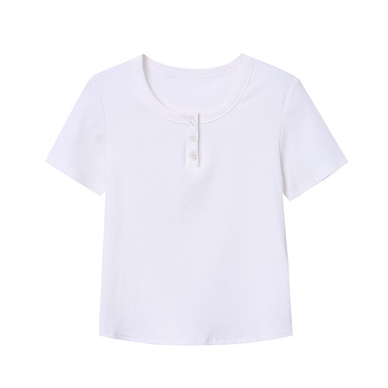 Damen Kurzarm Henley-Shirt mit Knöpfen Eveloria