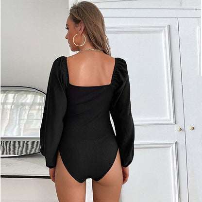 Damen Bodysuit V-Ausschnitt Puffärmel Eveloria