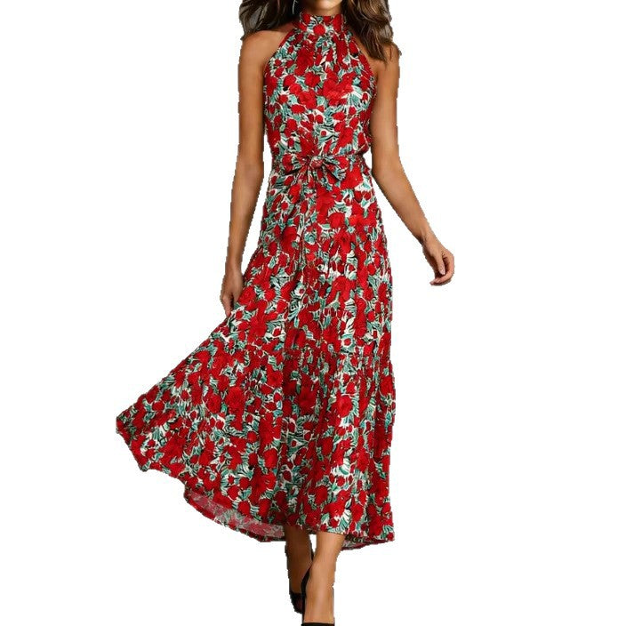 Damen Maxikleid Floralmuster Schmal Taillengürtel Eveloria