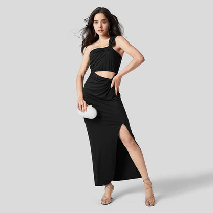 Damen Wickelkleid Asymmetrisch Figurbetonter Stoff Schwarz - Eveloria