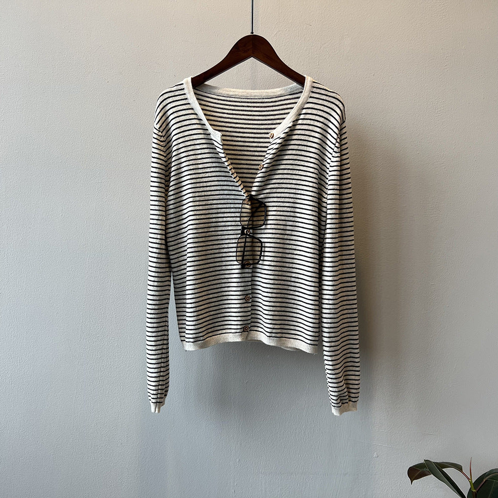 Damen Langarmshirt Maritimes Streifenmuster Baumwolle Weiß