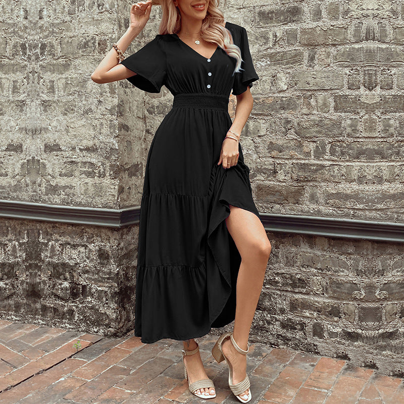 Damen Maxikleid Rüschendetails Taillengürtel Eveloria