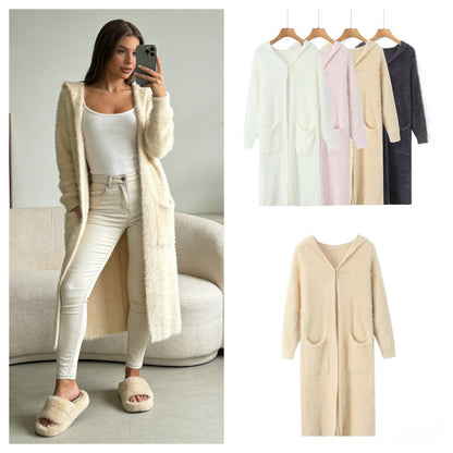 Damen Langstrickmantel mit Kapuze und Taschen Eveloria - Eveloria