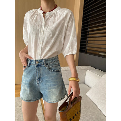 Damen Denim-Shorts Hochbund Weites Bein Blau Eveloria - Eveloria
