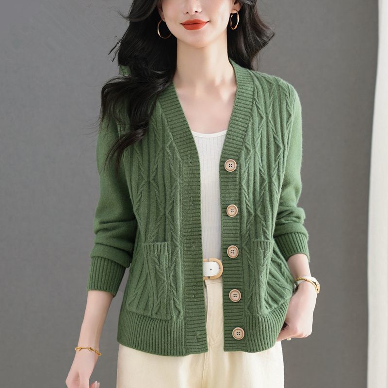 Damen Strickjacke Feines Zopfmuster Mit Taschen Beige