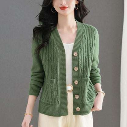 Damen Strickjacke Feines Zopfmuster Mit Taschen Beige