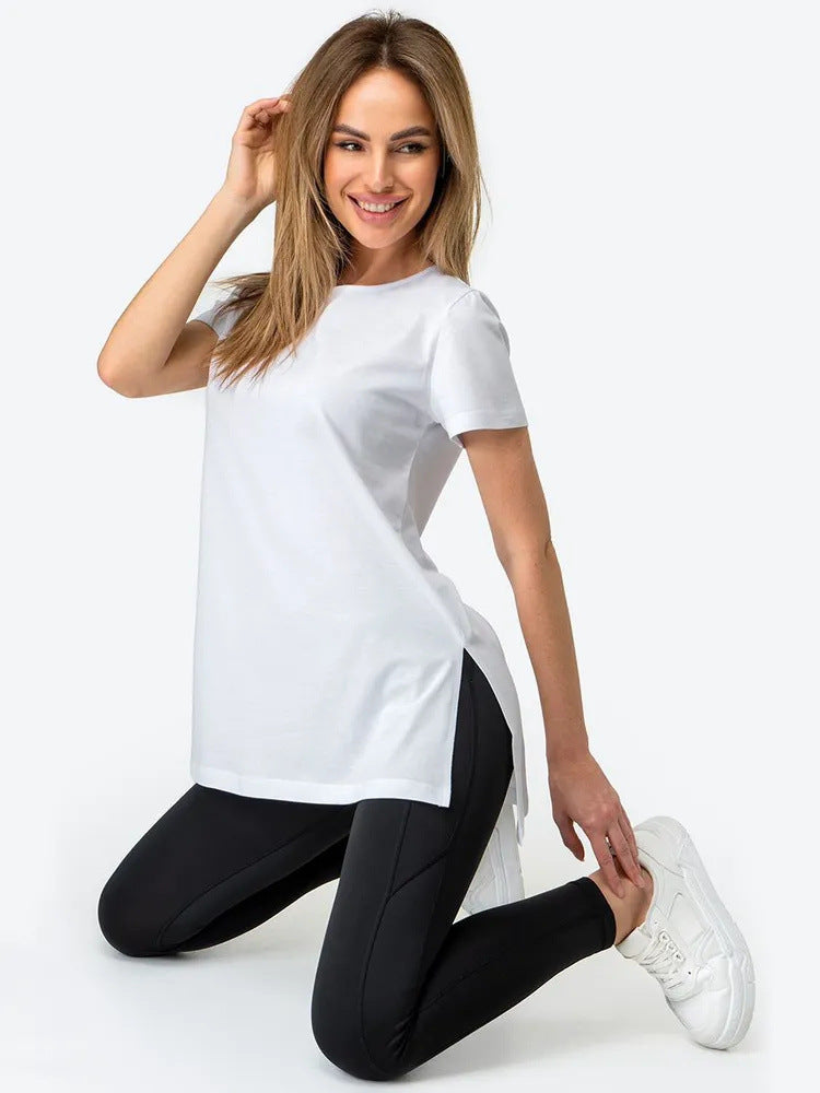 Damen Longline T-Shirt mit Schlitzen Hochwertiges Baumwoll-Material