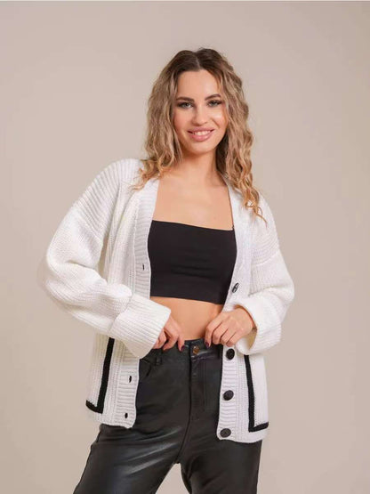 Damen Strickjacke Knöpfe Taschen Beige