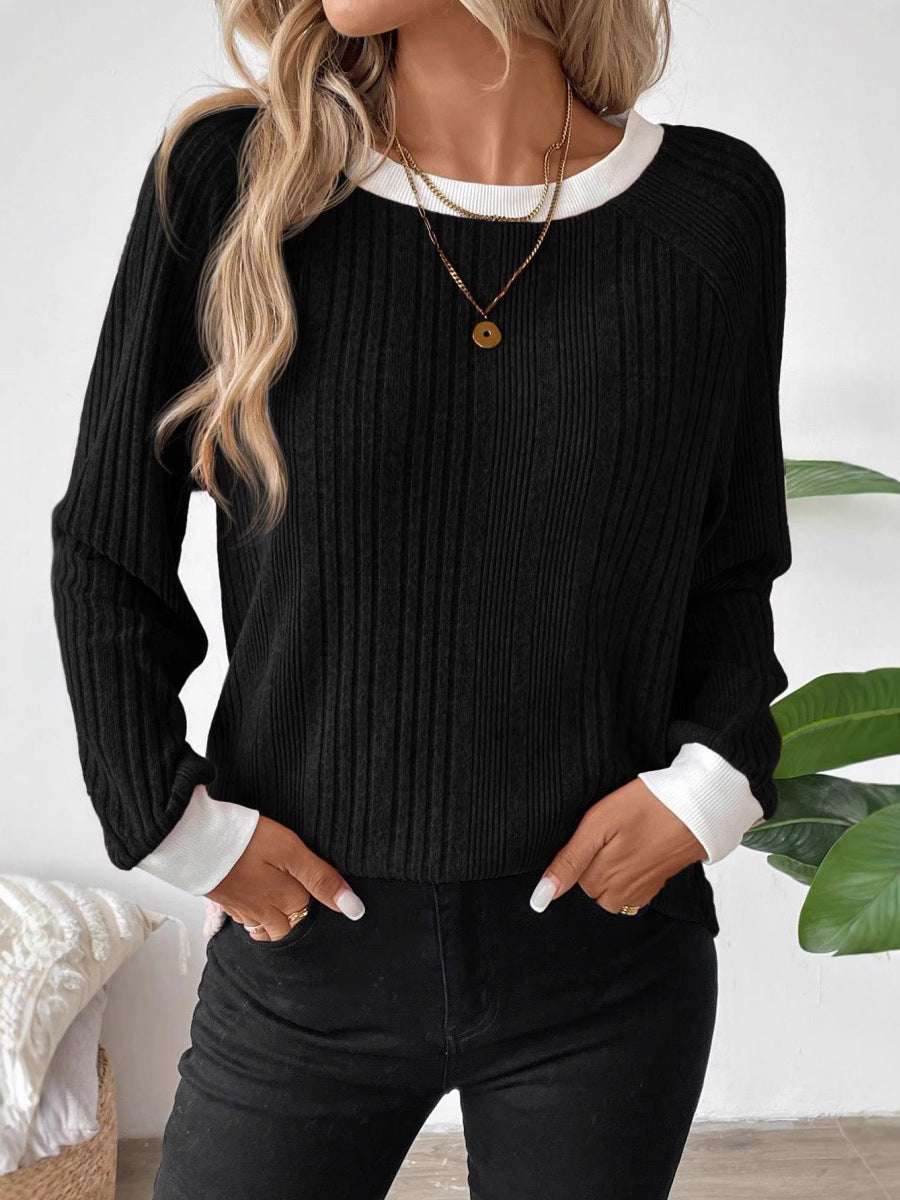 Damen Pullover Rippenstrick Kontrastbesatz Beige