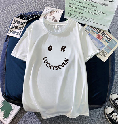 Damen T-Shirt Baumwolle Lässig Smiley-Print Weiß