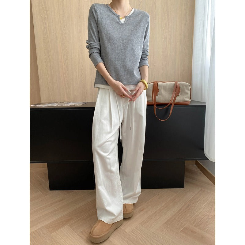 Damen Langarmshirt V-Ausschnitt Feine Struktur Eveloria