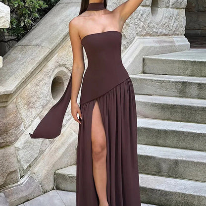 Damen Maxikleid Trägerlos Hochschlitz Eveloria