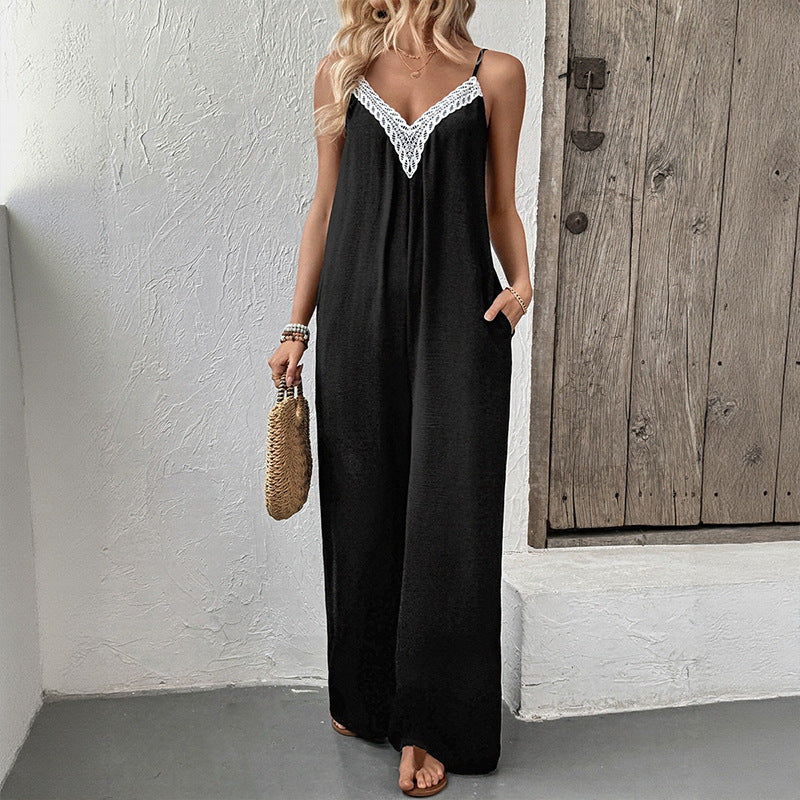 Damen Jumpsuit V-Ausschnitt Spitzenakzent Eveloria