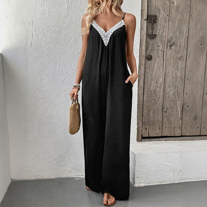 Damen Jumpsuit V-Ausschnitt Spitzenakzent Eveloria