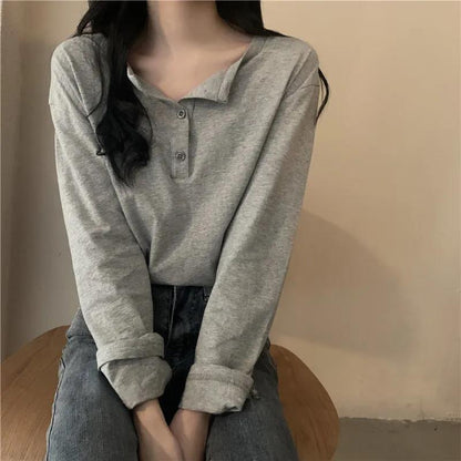 Damen Langarmshirt mit Kragen und Knopfleiste Modern Eveloria - Eveloria