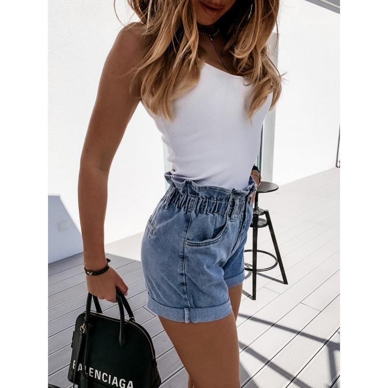 Damen Hochgeschlossene Jeansshorts Elastisch Eveloria
