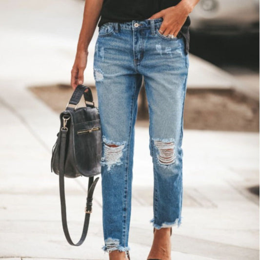 Damen Destroyed Jeans Trendiger Schnitt Blau Eveloria - Eveloria