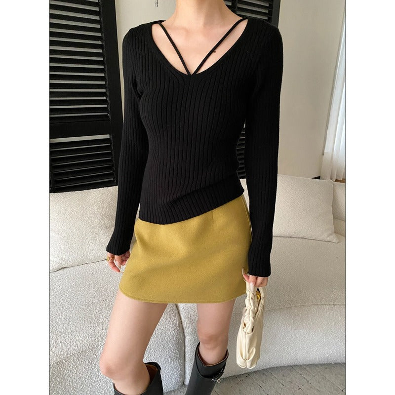 Damen Rippstrickpullover V-Ausschnitt Länge Ärmel Eveloria - Eveloria