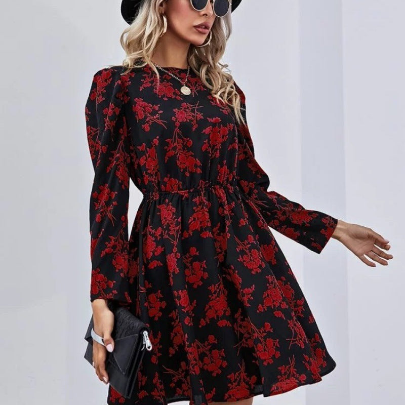 Damen Midikleid Blumenmuster Puffärmel Tailliert