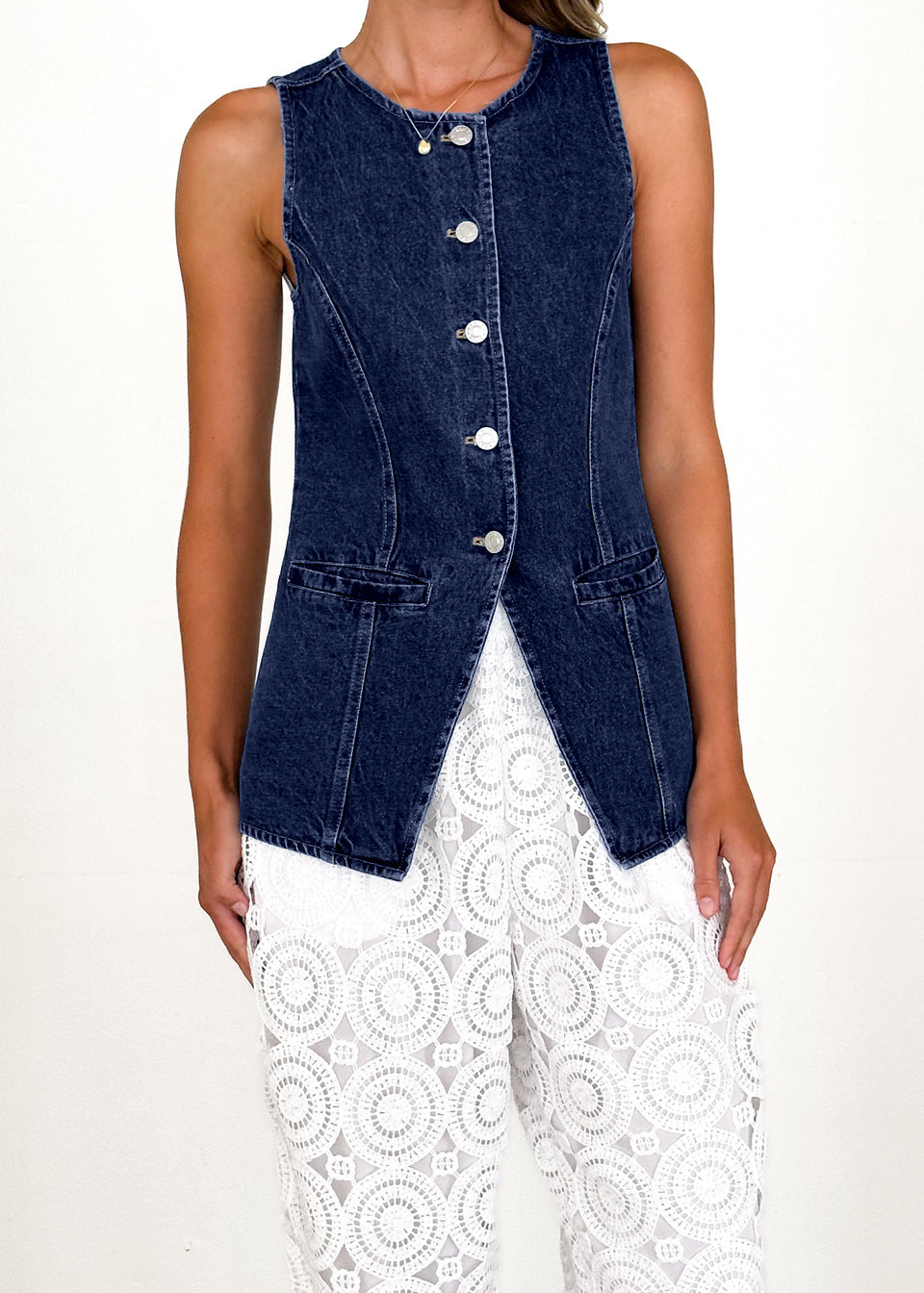Damen Denimweste Tailliert Knöpfe Blau Eveloria