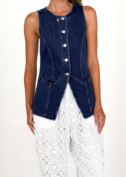 Damen Denimweste Tailliert Knöpfe Blau Eveloria