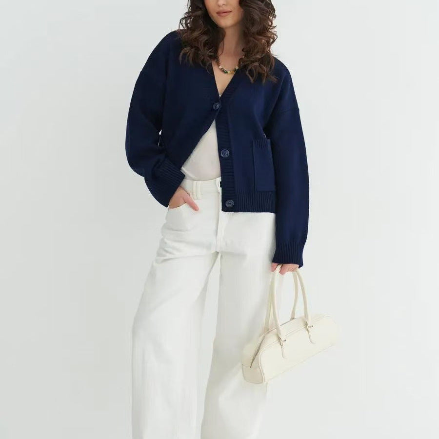 Damen Strickjacke V-Ausschnitt Taschen Grau Eveloria