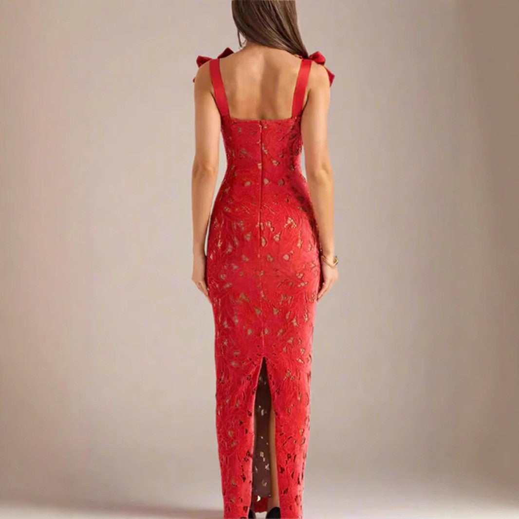 Damen Spitzenkleid Schleifenärmel Elegant Weiß