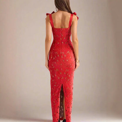 Damen Spitzenkleid Schleifenärmel Elegant Weiß