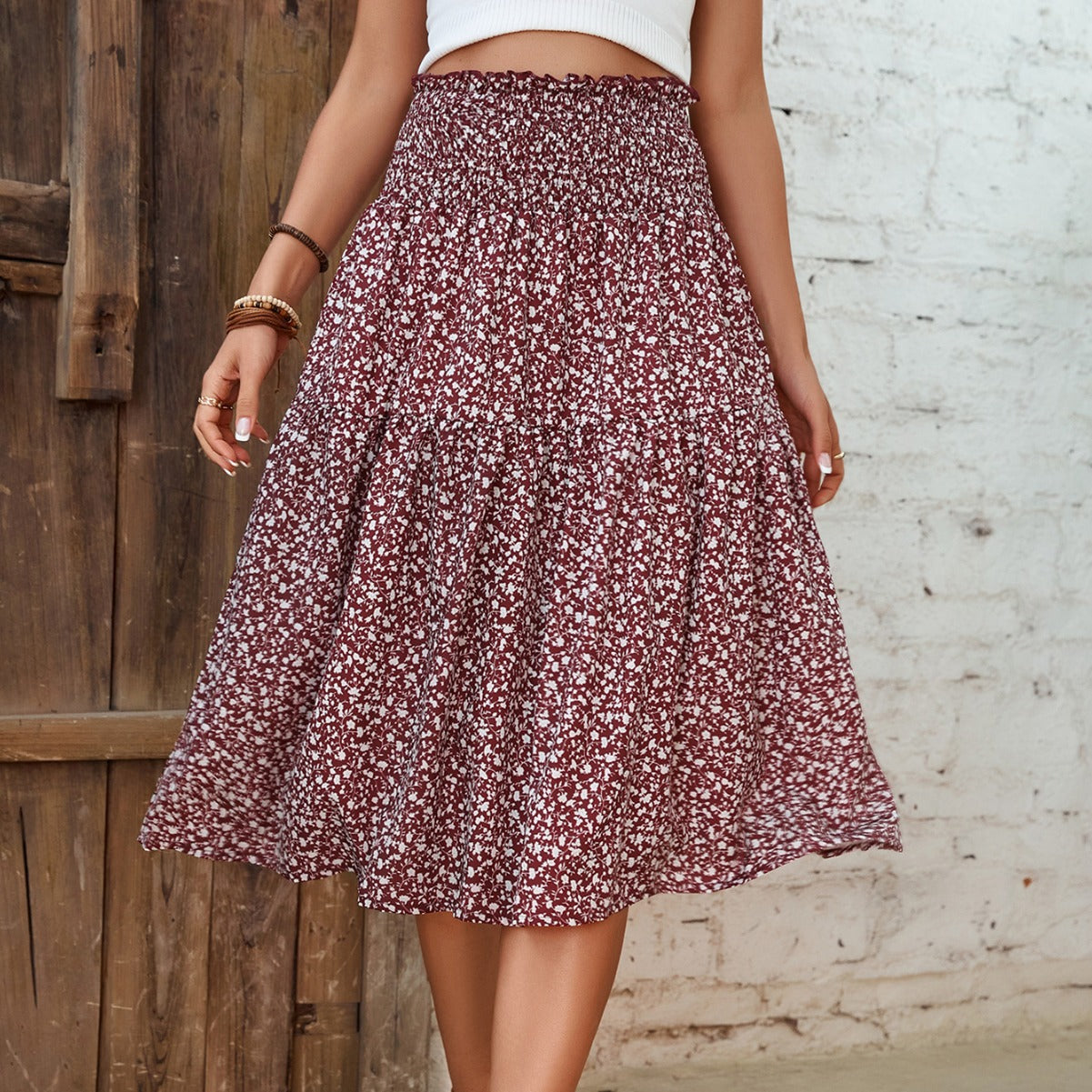 Damen Midirock Elastischer Taillenbund Florales Design - Eveloria