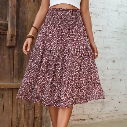 Damen Midirock Elastischer Taillenbund Florales Design - Eveloria