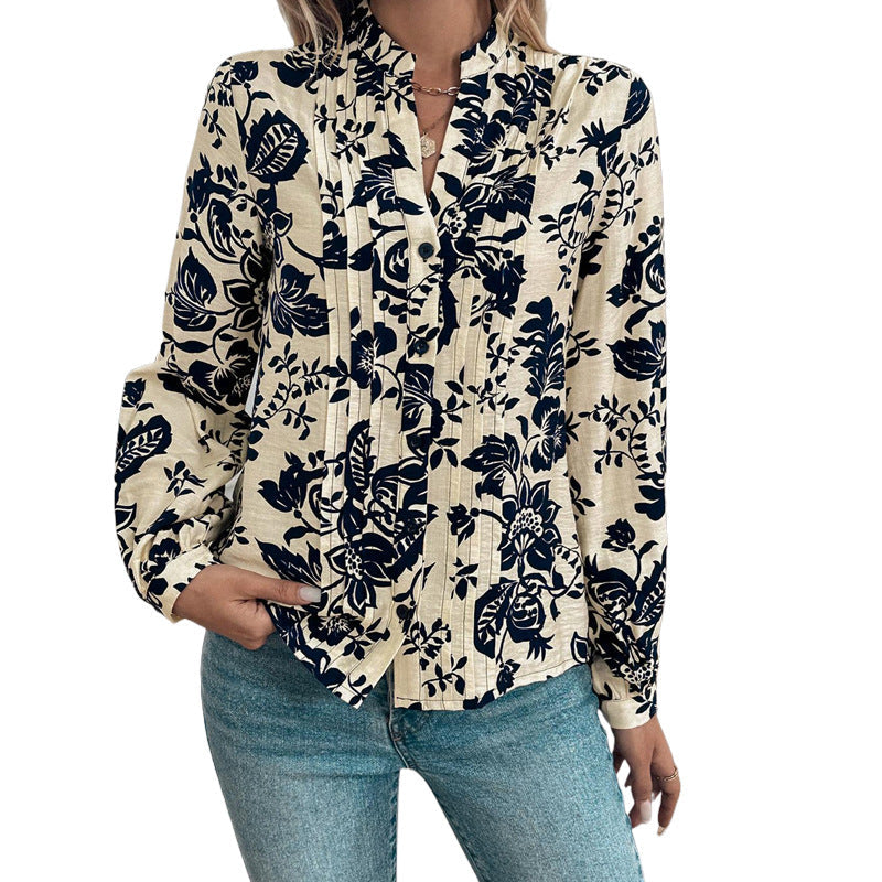 Damen Bluse Floralmuster Elegante Faltendetails Blau