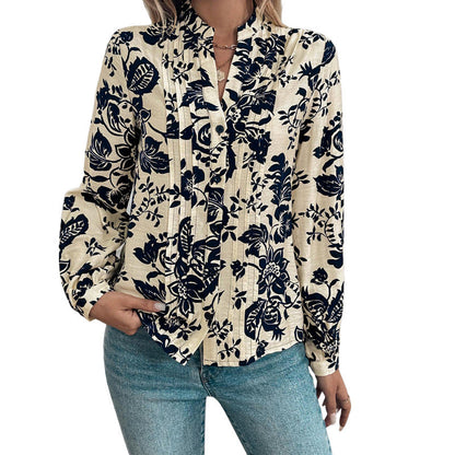 Damen Bluse Floralmuster Elegante Faltendetails Blau