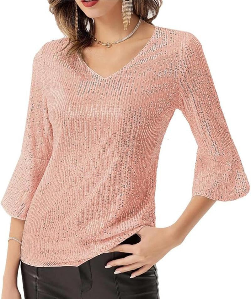 Damen Strickoberteil V-Ausschnitt Glitzernde Akzente Eveloria