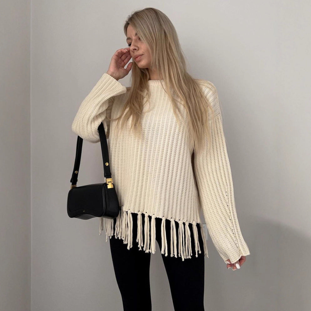 Damen Strickpullover mit Fransen Gemütlich Eveloria
