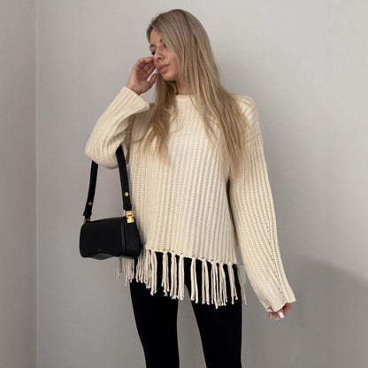 Damen Strickpullover Lässig Fransen Länge Lang Ärmel Beige