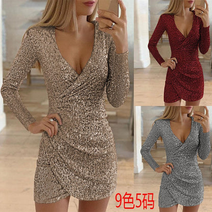 Damen Wickelkleid Glitzernd V-Ausschnitt Länge Lang Ärmel Schwarz - Eveloria