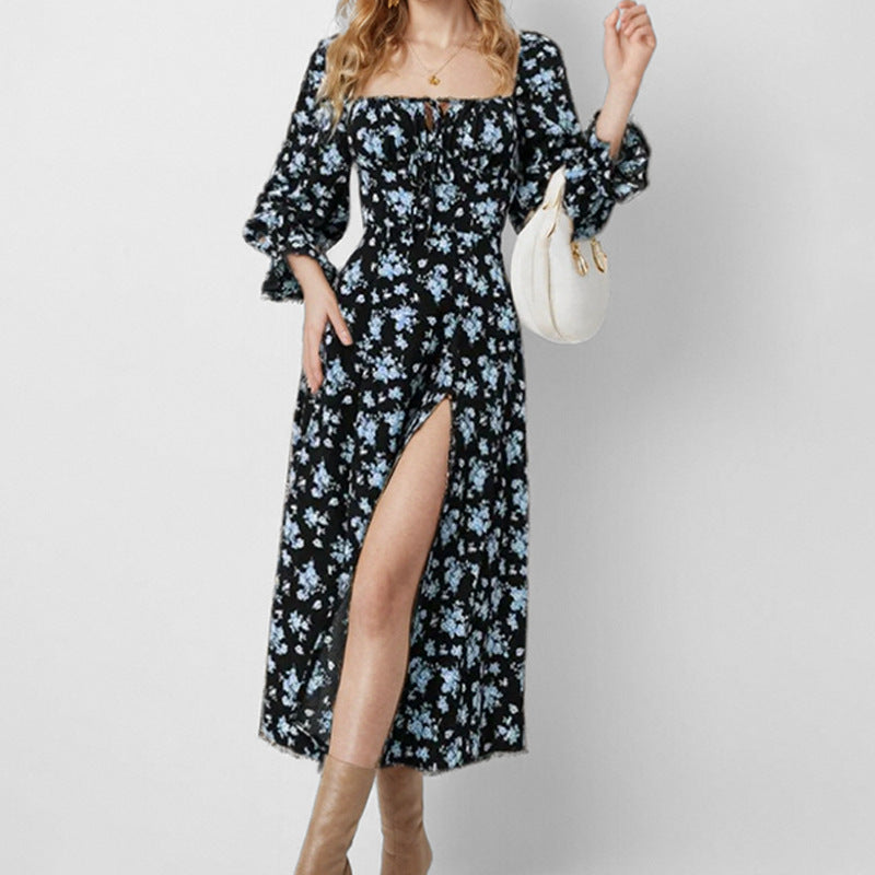 Damen Midi-Kleid Blumenmuster Hochschlitz - Eveloria