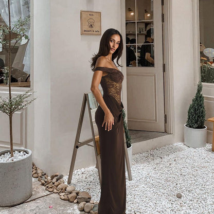 Damen Abendkleid Spitzenoberteil Schulterfrei Fließender Rock Eveloria