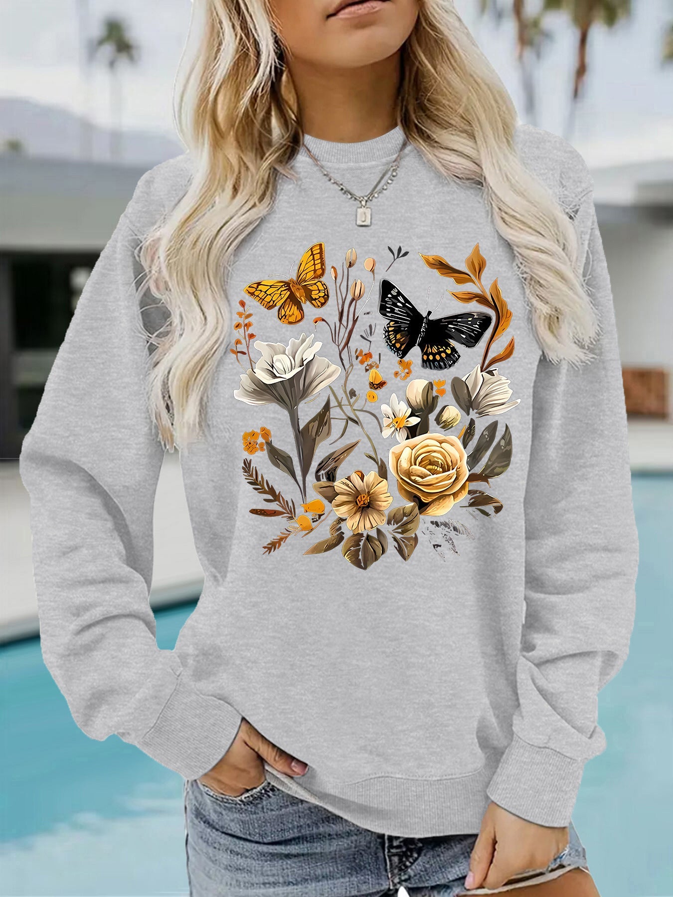 Damen Sweatshirt Floraler Druck Lässig Beige