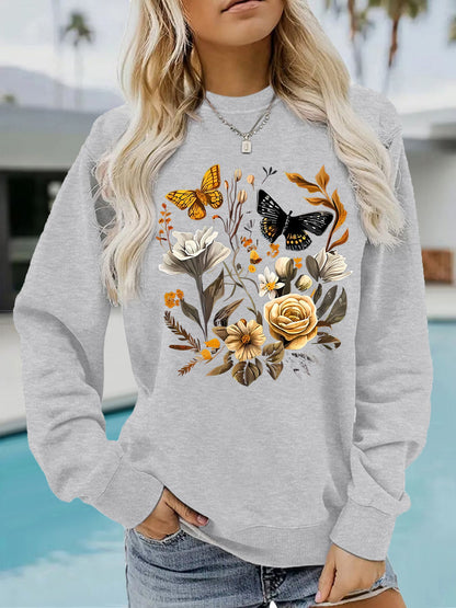 Damen Sweatshirt Floraler Druck Lässig Beige