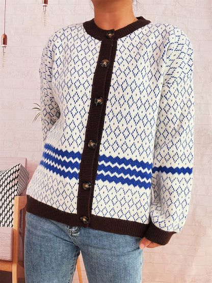 Damen Strickjacke Geometrisches Muster Elegante Knöpfe Eveloria