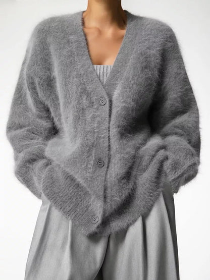 Damen Cardigan Mohair-Mix Knopfverschluss Beige